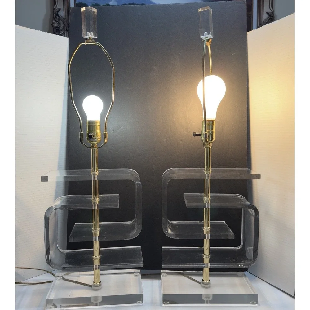 Pair Lucite Table Lamps 2 Lights Vtg Waterfall Clear Art Deco MCM 27